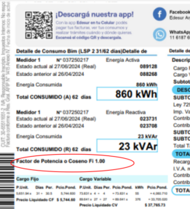 Parte de una factura donde chequear Factor de Potencia